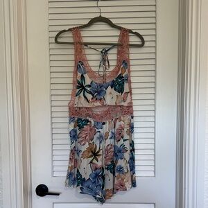 Solemio Floral Crochet Trim Romper in Pink, Blue, Green